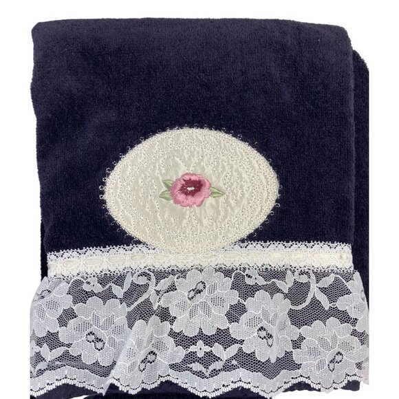 Vintage 90s Bath Towel Set Black Floral Lace Hand Fingertip Washcloth 80s USA - Picture 3 of 7